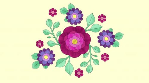 Handgezeichnete Animation, wachsender Blumenhintergrund mit bunten Blumen und Blättern