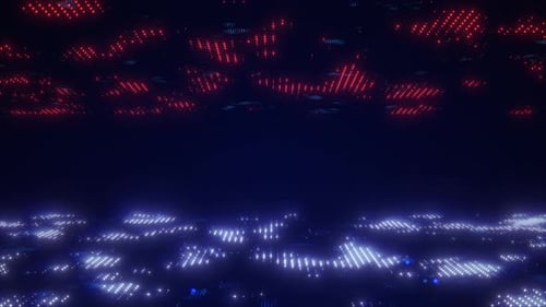 Digitaler dunkelblau-roter Cyberspace mit Halbtonpunkten und virtuellen Datennetzwerkverbindungen.