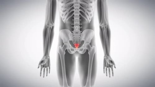 Human coccyx bone highlighted in glowing red medical animation clip