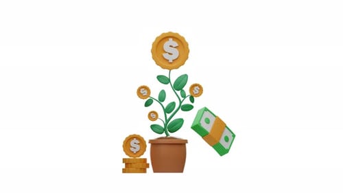 Animated Money Plant Growth with Dollar Coins and Cash Stacks