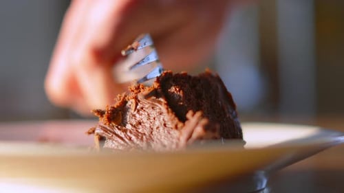 Eating Delicious Piece of Chocolate Cake at Home