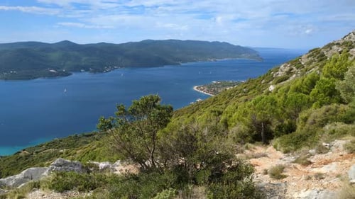Sea and mountain view from top hillside view point, Southern Europe