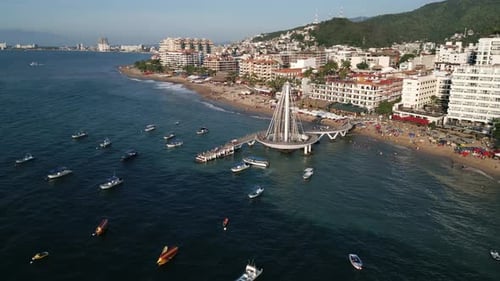 Puerto Vallarta old romantic zone aerial footage at sunset Mexico riviera Nayarit travel holiday des