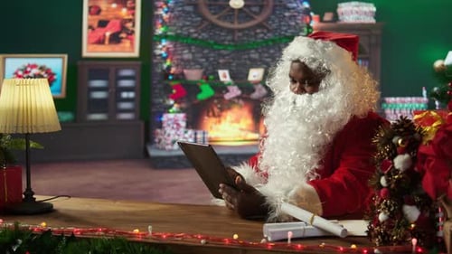 Santa Claus Using Tablet in Festive Setting
