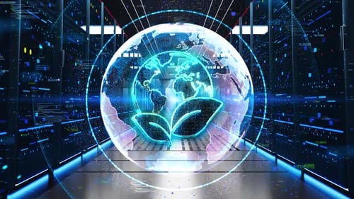 Futuristic Digital Earth and Plant Icon in Server Environment