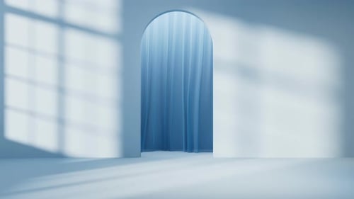 Minimalist Archway with Blue Curtain and Shifting Window Shadows