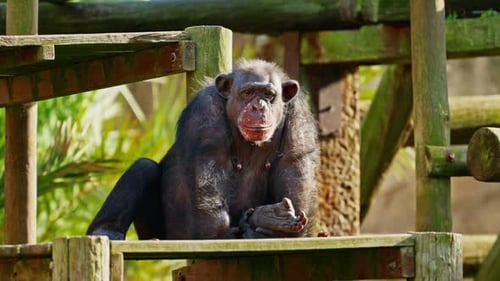 Chimpanzee Sitting on Wooden Structure in Daytime