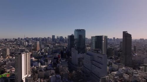 Aerial Panoramic View of Metropolis Modern High Rise Downtown Office Buildings Towering Above Dense