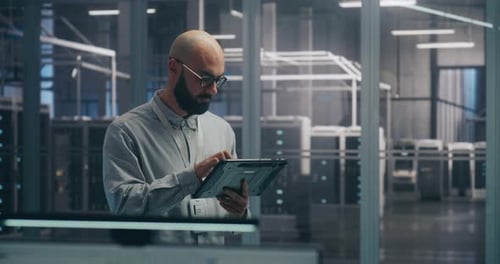 Man Using Tablet in Modern Server Room