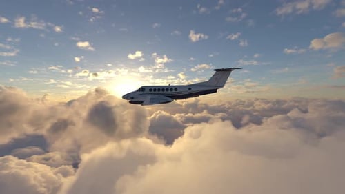 Airplane flying above the clouds and sunset in turbulence