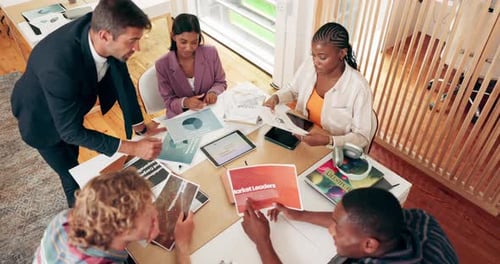 Professor, class and helping students at university, top view and group discussion for business