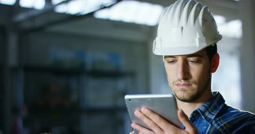 auf einer Baustelle steuert ein Arbeiter oder ein Ingenieur oder Architekt mit dem Tablet den Entwurf a