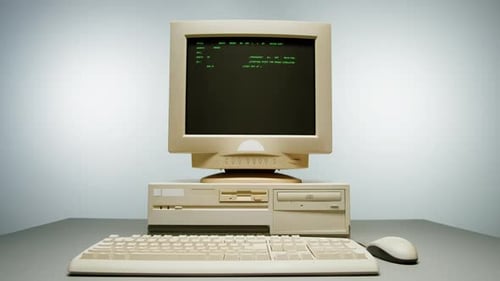 Retro-PC mit Ladecode Konsolen-Programmierer Skripte erstellen Grüner Basisbildschirm Altes Computerstudio