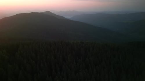Flying Over Green Forest at Cloudy Day with the Mountains on Horizon with Glowing Clouds Carpathian