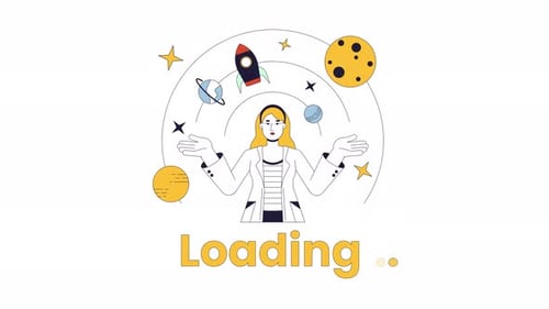 Rocket scientist presenting orbit planets line 2D loading animation