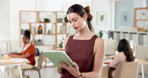 Tablet, planning and businesswoman in office with research for creative project with publishing