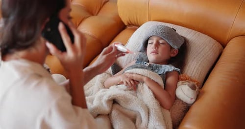 Phone call, fever and mother with girl, home and illness with disease, connection and communication