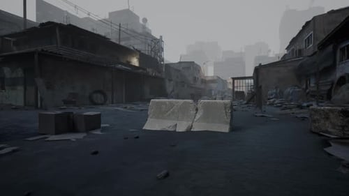 Deserted Urban Street with Debris and Abandoned Buildings in a Foggy Atmosphere