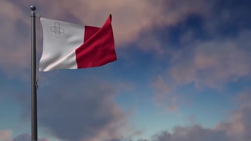 Realistic Malta Flag Waving Against a Dynamic Sky Background