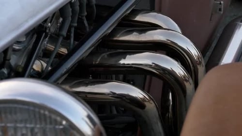 Slow Motion Hot Rod V8 Engine Exhaust Pipes Close Up, Ace Cafe London