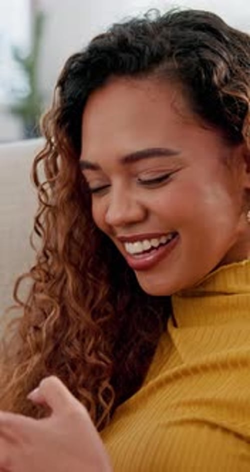 Student, girl and laughing with phone in living room for study break, college meme