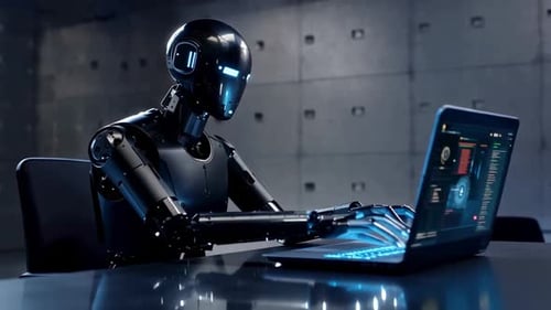 Advanced AI Humanoid Robot Typing on Laptop Computer