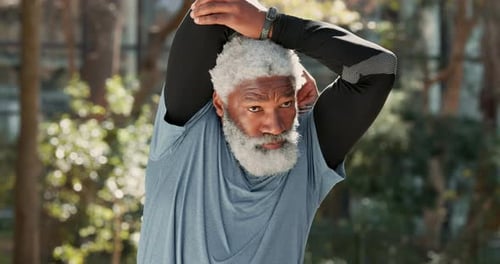 Stretching, outdoor and fitness of mature man, exercise and training in park
