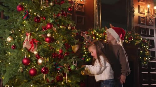 Merry Christmas Xmas Holiday Children Decorating Christmas Tree on Christmas Eve at Home Young Happy