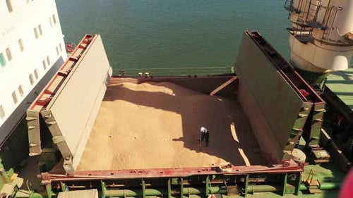 Cargo Ship Grain Loading, Aerial View