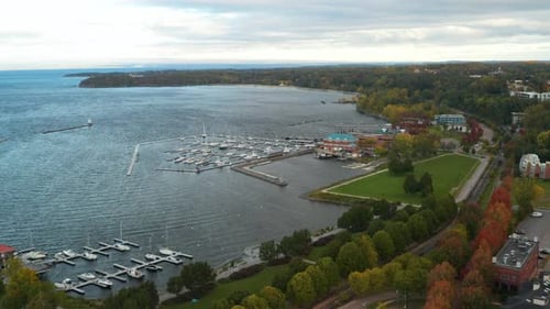 Stunning wide angle drone shot of the waterfront at Burlington, Vermont
