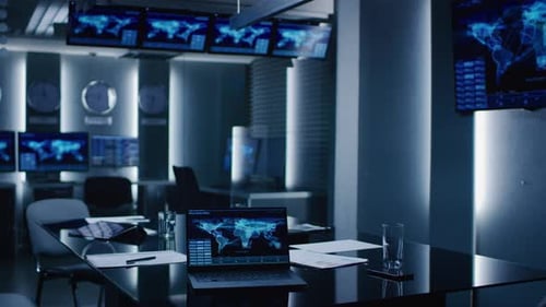 Gliding Shot of the System Control Monitoring Room. Empty Government Emergency Operations Center.
