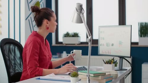 Company Accountant Analyzing Business Sales Charts in Startup Office