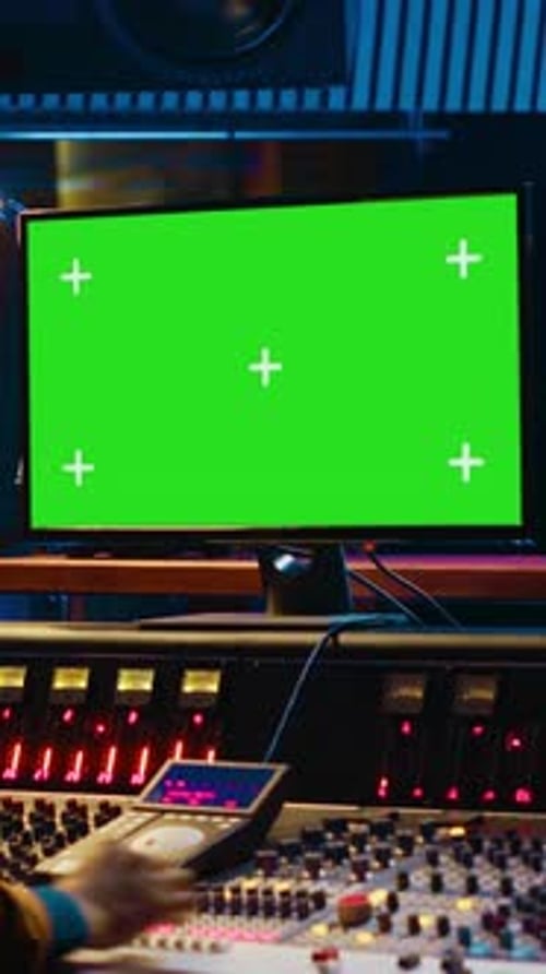 Vertikales Video Afroamerikanischer Musikproduzent arbeitet mit Greenscreen auf dem PC