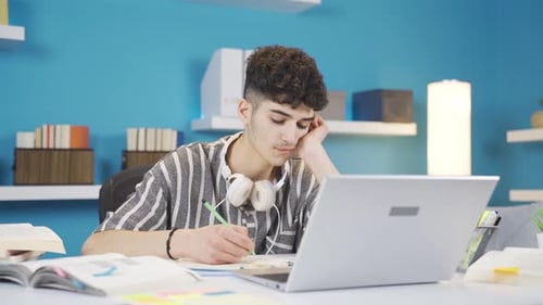 Young Man Studying at Desk in Home Setting