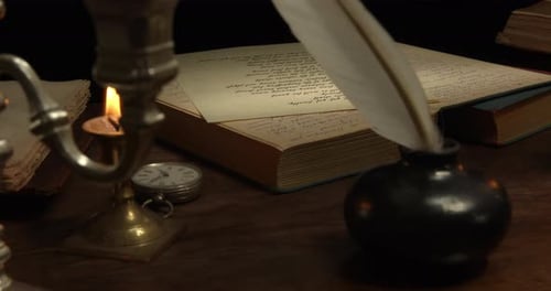 Candlelit Writing Desk with Quill and Inkwell
