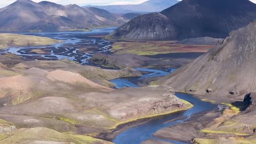 Aerial view of jokuldalakvisl river in volcanic landscape, Iceland.