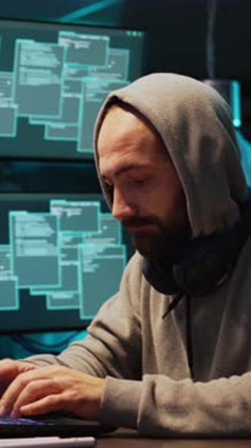 Man in Hoodie Types on Laptop in Dark Room