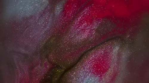 Glittering silver, red and gold paint swirl background