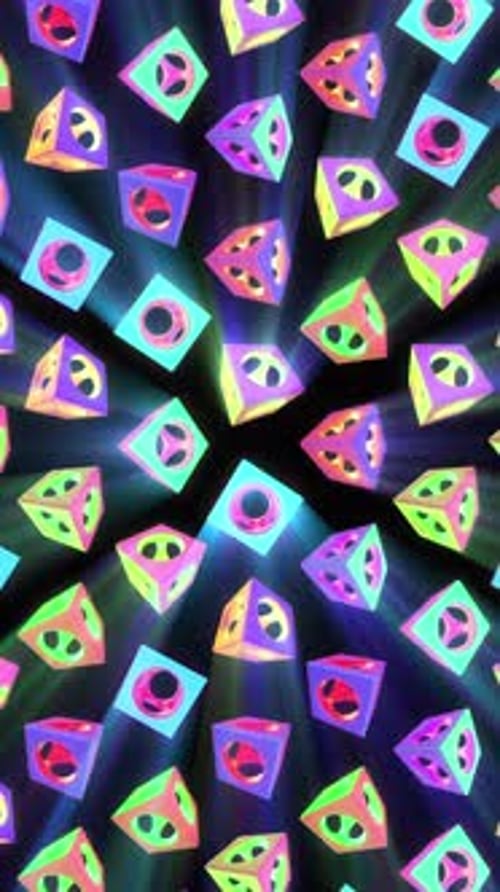 Cubes irisés verticaux avec des formes de trous avec des rayons lumineux