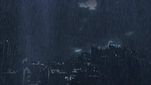 Apocalyptic Ruined City in Heavy Rain at Night