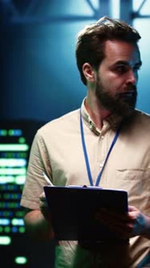 Vertical Video Expert Doing Inspection in Data Center