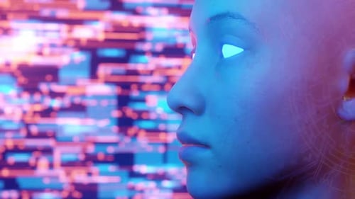 Futuristic AI Head with Glowing Eyes and Digital Glitch Background