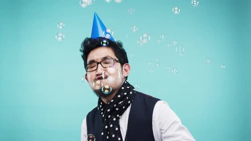Disco, dance bubbles and man in studio having fun isolated on a blue mockup background