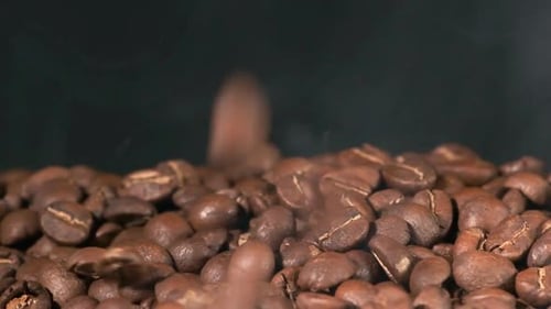 Slow motion of roasted coffee beans falling.