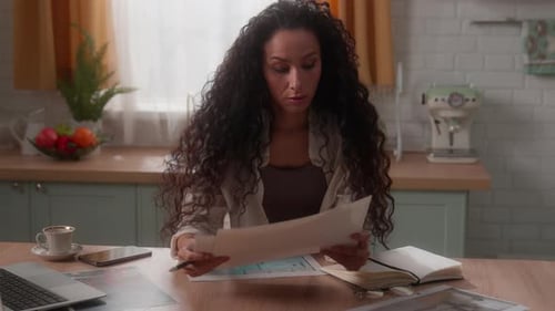Tired Thinking Difficult Confused at Home Kitchen Woman with Design Templates Thinking Laptop Choose