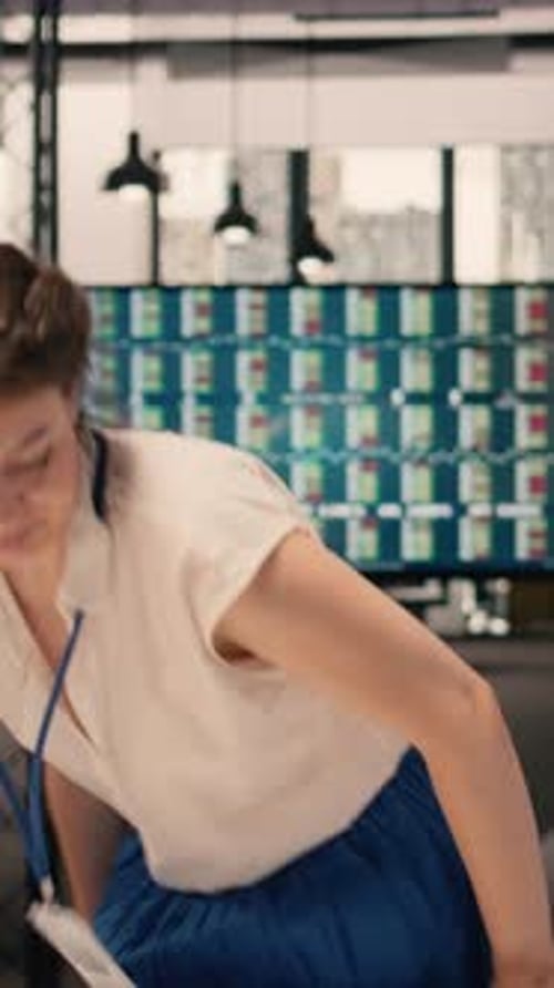 Vertical Video Portrait of Woman Reviewing Business Intelligence and Analytics Dashboard