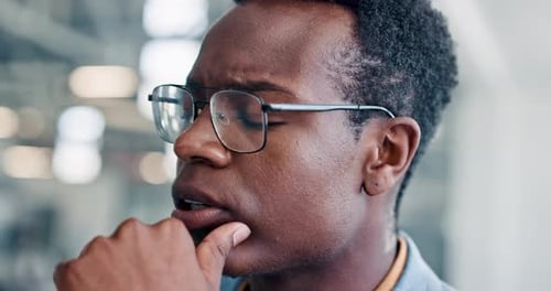 Thinking, business man and planning office employee with idea for startup strategy