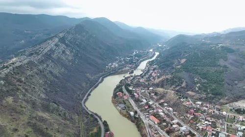 Aerial View Mtskheta's Riverfront Splendor Cathedral Standing Tall