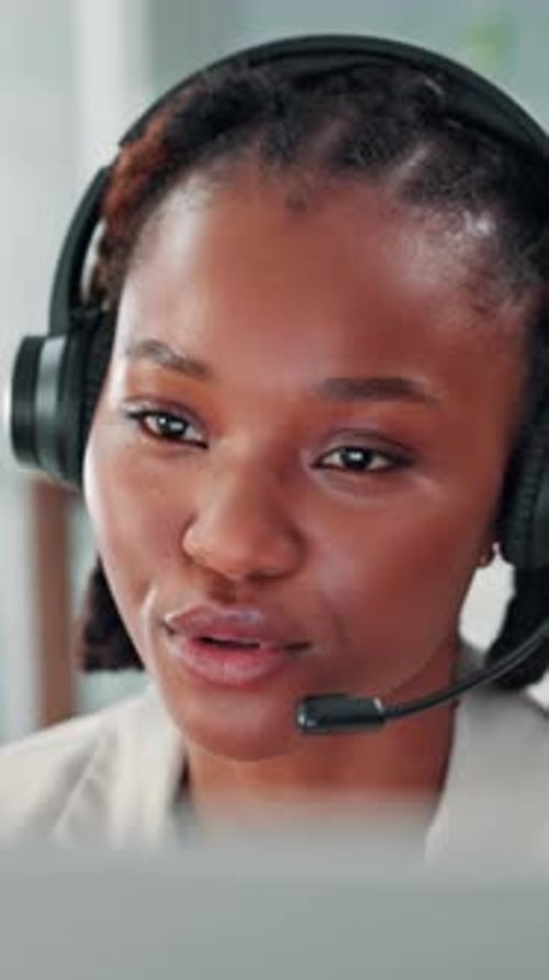 Headset, black woman and call center consultant in office with communication