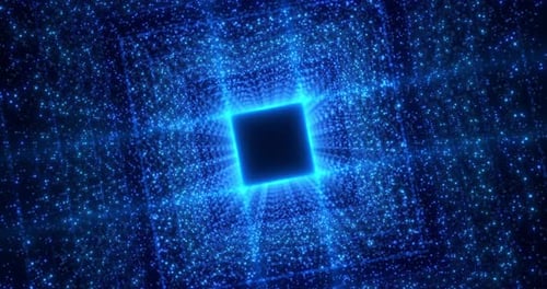 Abstract futuristic blue particle tunnel with light animation, big data and matrix digital corridor
